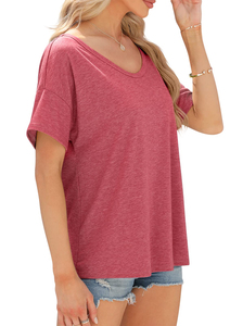 T-shirt col en V 100 % polyester de haute qualité pour femme, grande taille, uni, anti-boulochage, décontracté, design unique, prix de gros - Product Image 3