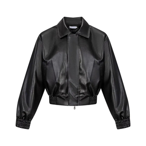 Men Women's Black PU <b>Leather</b> Bomber Jacket Full Sleeve Cropped Fit All Seasons Style - Product Image 1
