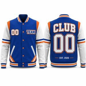 Blue White <b>Orange</b> Varsity Jacket Unisex Workwear Style Zipper Front Club 00 Team Logo Heat Transfer Printed Winter Wear <b>Fleece</b> - Product Image 1