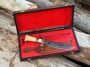 Custom Handmade Industrial Grade Hunting Bowie <b>Knife</b> in Damascus Steel <b>Bone</b> <b>Handle</b> Leather Sheath Box 15in - Product Image 4