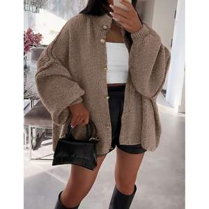 Suéter Cárdigan de Punto Grueso con Botones para Mujer, Estilo Moderno para Otoño/Invierno, Cuello Alto, Manga Larga, Estilo Linterna - Product Image 2