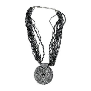 Ethnic Black Crystal <b>Beaded</b> <b>Necklace</b> with Oxidized Silver Round Pendant - Luxe <b>Beaded</b> <b>Necklace</b> with Intricate Silver Pendant - Product Image 6