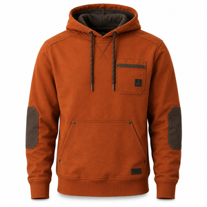 Sweat-shirt à capuche pour homme, couleur orange rouille, en coton uni, avec poche poitrine et empiècements aux coudes - Product Image 1
