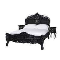 Lits français rococo faits à la main, style bois de teck massif, design antique européen, design artistique gothique, meubles noirs pour la chambre à coucher