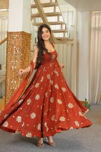 <b>Women</b> Traditional Red Floor-Length Anarkali <b>Suit</b> Gold <b>Glitter</b> Print Dupatta Quick Dry Loose Fit for Wedding India Pakistan Style - Product Image 3