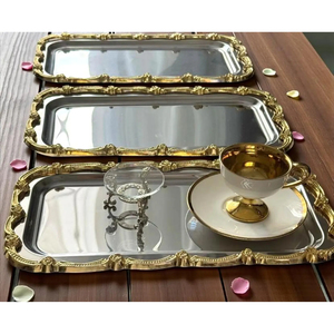 Silver & Gold Color Stainless Steel Hammered <b>Serving</b> Tray Rectangle Shape Decorative Metal <b>Platter</b> Food Safe Kitchen Accessory - Product Image 6