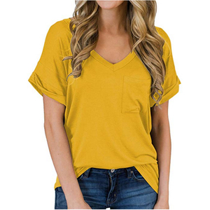 Camiseta Casual de Mujer con Cuello en V y Bolsillo, Holgada, de Manga Corta, Lisa, con Logotipo Personalizado, Top de Mezcla de Algodón Suave - Product Image 4