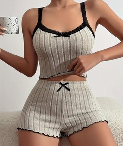 Ensemble de détente tricoté rayé pour femme, débardeur et short, taille élastique, vêtements de nuit doux côtelés, tenue décontractée de printemps, mélange coton élasthanne - Product Image 1