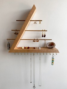Wooden Wall Mount Jewelry Organizer With Brass Rods And <b>Hooks</b> Minimalist Polygon <b>Shelf</b> For Rings Earrings Necklaces Storage - Product Image 1