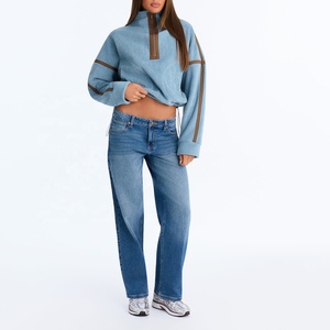 Oferta Especial: Sudadera de Forro Polar Azul para Mujer con Cierre de Cremallera de un Cuarto, Cuello Alto, Bloques de Color, Hombros Caídos, Manga Larga y Antiarrugas - Product Image 5