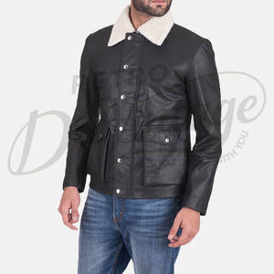 Chaqueta de Cuero Genuino Negra para Hombre con Cuello de Piel Sherpa Blanca, Chaqueta de Cuero Estilo Biker Casual, Ajustada y Cálida para Invierno - Product Image 6