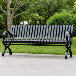 Black Steel Slat Garden <b>Bench</b> Outdoor Park Patio Seating with Circular Armrest Modern Durable Lawn Furniture Premium Style - Product Image 1