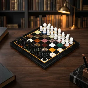 Pièces de jeu de société décoratives en marbre noir poli, sculptées à la main, motif de sculpture de luxe - Product Image 6