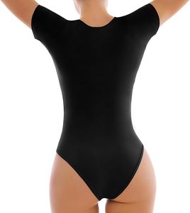 Combinaison moulante à manches courtes et col rond pour femme, couleur unie, extensible, vêtements de sport, coupe ajustée, toutes saisons, tricot en spandex et nylon - Product Image 1