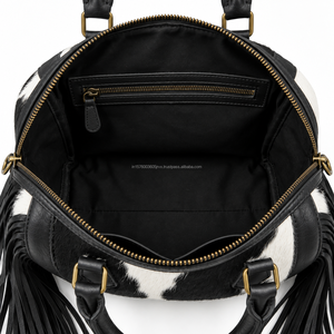Black And White Hair On Hide Cowhide Mini Duffle Bag Western Fringe <b>Purse</b> Boho Cowgirl Speedy Handbag Women Trendy Boston <b>Purse</b> - Product Image 3
