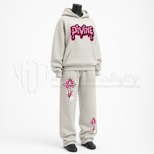 Conjunto Deportivo Unisex Gris con Capucha y Logotipo Rosa Estampado, Estilo Urbano, Corte Holgado, para Adultos, Otoño - Product Image 3