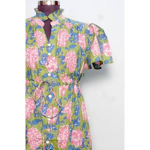 Women's Short-Length Soft Pure Cotton Midi <b>Dress</b> Hand Block Floral Print Minimalist Casual Party Wear Formal Sweet Natural - Product Image 3