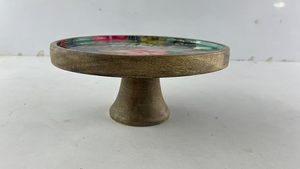 Round Wooden Cake Stand Floral Printed Dessert Pedestal Enamel Snack <b>Tray</b> Dishwasher Safe for Home Party Baking Display - Product Image 5