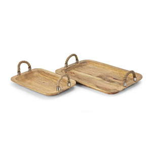 Ensemble de plateaux de service en bois rustique avec construction en bois à grain naturel et poignées robustes en corde de jute pour une prise en main facile et le service des aliments - Product Image 1