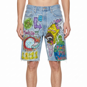 Custom Graffiti Printed Mid Waist Straight-leg <b>Jorts</b> Men's 100% Ring-Spun Cotton Denim Raw Edge Distressed Y2K Streetwear - Product Image 1