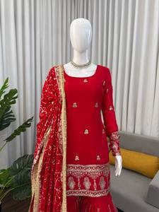 Designer Party Wear Look Fancy Chinon silk <b>Top</b>-Dupatta With Sharara - Product Image 6