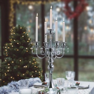 Candélabre élégant en argent à 5 bras avec accents en cristal, centre de table de mariage, décoration d'intérieur, support en métal durable au meilleur prix - Product Image 3
