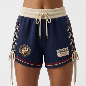 Ensemble de survêtement léger d'été pour femme en polyester/coton, avec short et sweat-shirt, imprimé dentelle, style course, vêtements de sport personnalisés pour équipe - Product Image 4
