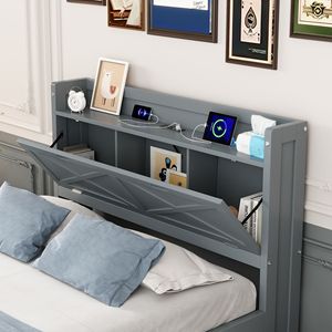 Letto singolo in legno grigio con testiera contenitore e prese, letto estraibile allungabile con tre cassetti, per bambini - Product Image 3