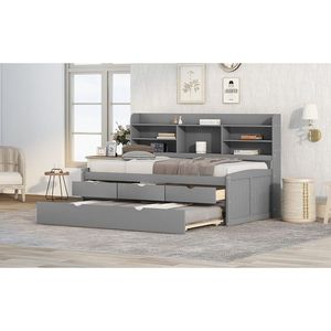 Cama individual de madera color gris claro con estanterías integradas y tres cajones de almacenamiento, incluye cama nido. - Product Image 6
