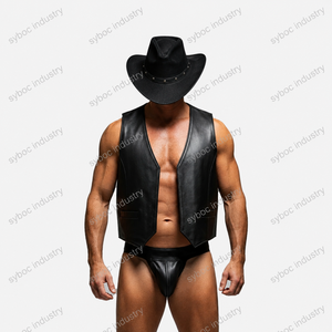 Chaleco de cuero occidental para hombre, piel de cordero negra, sin mangas, cuello en V, frente abierto, dobladillo puntiagudo, estilo vaquero, talla personalizada - Product Image 5