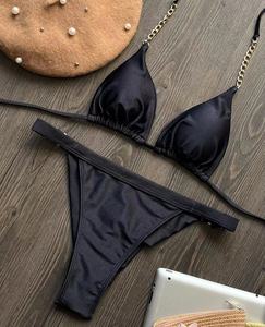 Women Black Chain Strap <b>Bikini</b> <b>Set</b> Plunge Neck Halter Lace up V-<b>String</b> Floral Front Solid Color Stretch Swimwear - Product Image 5