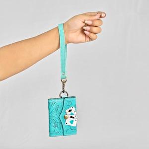 Genuine Leather Card Holder Turquoise Color Button Closure Minimalist Style Unisex Short Wallet Canvas Lining - Product Image 2