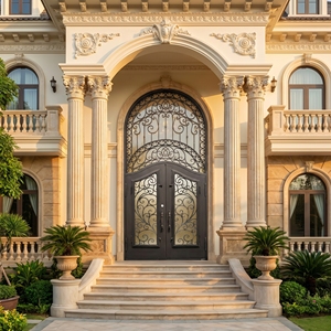 Modern Wrought Iron Double Entry Door with Arched Top and Scroll Design Water Resistant Finished Surface for Exterior Use - Product Image 4