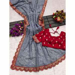 ผ้าส่าหรีงานปักลายไก่พร้อมเสื้อสีเทา - Product Image 1