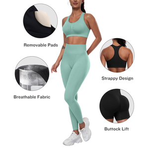 Women Mint Green Seamless Yoga Set Sports Bra High Waist <b>Leggings</b> 3 Piece Full Length <b>Ruched</b> Design Four-Way Stretch - Product Image 3