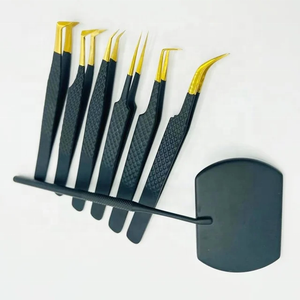 Juego de pestañas de espejo de acero inoxidable de alta calidad con pinzas de punta de fibra negra y dorada Logotipo personalizado Color OEM Etiqueta privada - Product Image 5