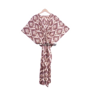 Kaftan midi 100 % coton pour femme, fait main, cache-maillot de plage, imprimé floral, écologique, taille naturelle, robe confortable, style hippie - Product Image 1