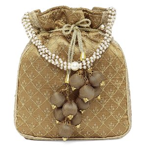 Sac à cordon matelassé doré avec perles et pompons, fait main, cadeau de mode pour les faveurs de mariage, la fête nuptiale et de qualité supérieure - Product Image 1