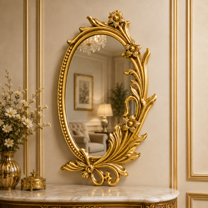 กระจกติดผนังรูปวงรีลายแกะสลักไม้ Flora Crest งานฝีมือประณีต กรอบลายดอกไม้ ดีไซน์หรูหรา ตกแต่งบ้านอย่างมีระดับ - Product Image 1