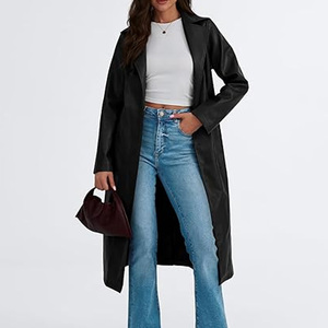 Ladies Vintage Long Style Belt Design Fish Leather Trench Coat with Fox Windproof Wholesale Custom Women Coat - Product Image 3