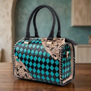 Genuine Leather Vintage <b>Handbag</b> Diamond Lattice Pattern Two Handles Zipper Closure for Women Office Outdoor Use Large Capacity - Product Image 5