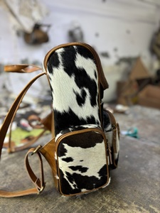 Trending Unisex Western White & Black Animal <b>Fur</b> Chest Bag Waterproof Comfortable Shoulder Strap Hand Cowhide Leather Backpack - Product Image 3