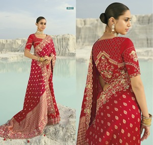 Elegante sari de seda de diseñador con pesadas lentejuelas Zari Dori, ideal para bodas y fiestas, blusa cosida incluida. - Product Image 4