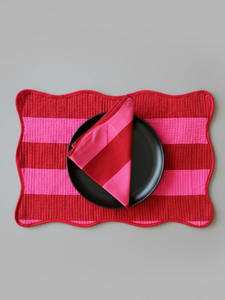 Hand Block Printed Cotton <b>Placemat</b> Set: Red & Pink Striped Table Linens - Product Image 3