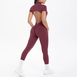 Mono de fitness de manga corta para mujer, body sin espalda de color liso con efecto fruncido, traje de una pieza con media cremallera, conjuntos de gimnasio y yoga para mujer - Product Image 5