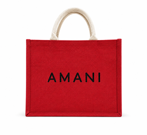 กระเป๋าช้อปปิ้งผ้ากระสอบพิมพ์ลายตัวอักษรสีแดงขนาดกลาง AMANI พร้อมหูหิ้วด้านบน ดีไซน์ทันสมัย เหมาะสำหรับเป็นของขวัญและใช้ในชีวิตประจำวัน - Product Image 1