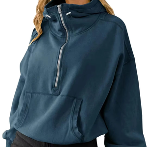 Women's <b>Black</b> Oversized Cropped <b>Hoodie</b> Long Sleeve Stand Collar <b>Zipper</b> Front Solid Color Breathable Knitted Sweatshirt Hoodies - Product Image 2