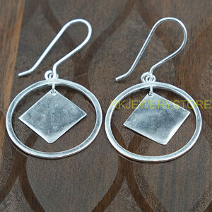 Boucles d'oreilles pendantes géométriques en argent sterling 925, faites à la main, en forme de cercle et de diamant, bijoux de mode pour femmes, cadeau pour elle - Product Image 6