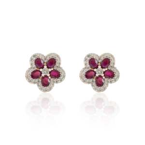 18K Solid Gold Ruby Cherry Blossom Flower Earrings with Diamond and Pearl Accents - Product Image 4