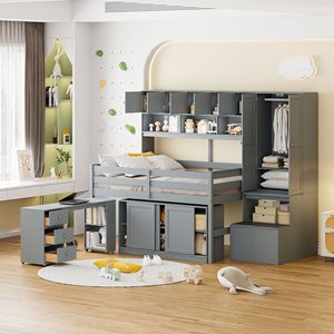 Letto a soppalco in legno a grandezza naturale per bambini con ampio spazio contenitore sotto il letto, scrivania, cassetti e scaffali, colore grigio - Product Image 2